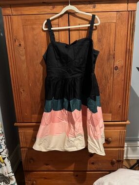 Voodoo Vixen Black Bodice Colorblock Dress with Teal, Pink & Cream Skirt